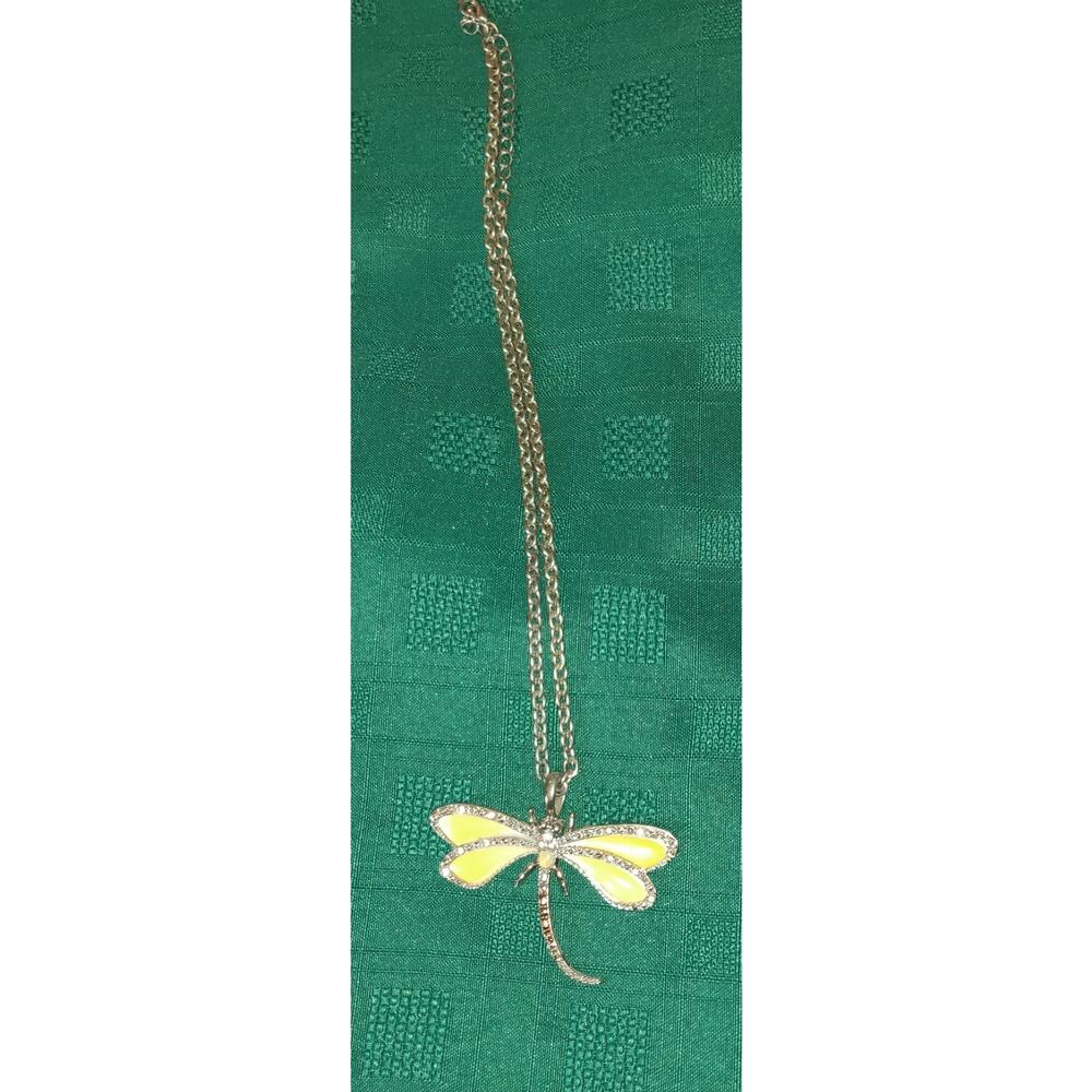 DragonFly Bug Necklace Costume Jewelry Yellow Silver Tone Good Luck Rhinestones - Picture 2 of 11